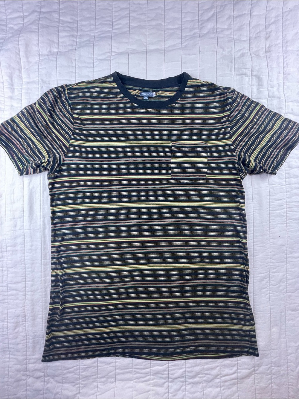 Y2K Eartbound Trading Co. Striped Crewneck Pocket Tee - Black & Yellow Green XL